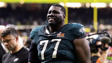 Feb 9, 2025; New Orleans, LA, USA; Philadelphia Eagles  offensive tackle Mekhi Becton (77) against the Kansas City Chiefs during Super Bowl LIX at Ceasars Superdome. Mandatory Credit: Mark J. Rebilas-Imagn Images