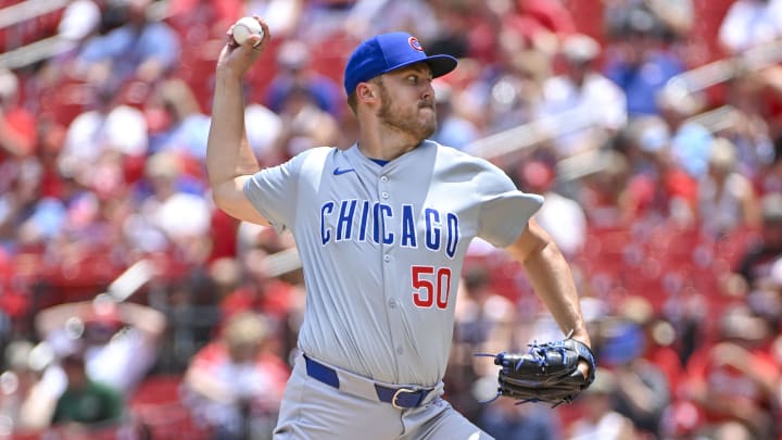 Jul 14, 2024; St. Louis, Missouri, USA;  Chicago Cubs starting pitcher Jameson Taillon (50) pitches against the St. Louis Cardinals during the first inning at Busch Stadium.