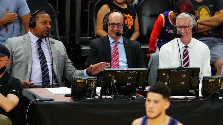 Jul 8, 2021; Phoenix, Arizona, USA; NBA on NBC basketball play by play reporters Mark Jackson (left), Jeff Van Gundy (center) and Mike Breen during the Phoenix Suns against the Milwaukee Bucks in game two of the 2021 NBA Finals at Phoenix Suns Arena. Mandatory Credit: Mark J. Rebilas-USA TODAY Sports