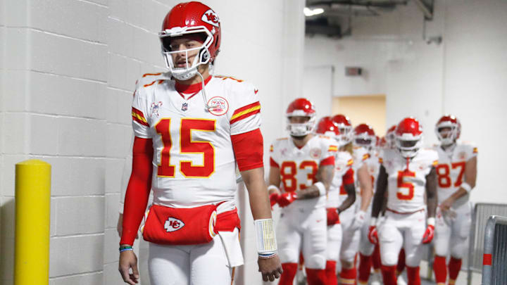 Dec 25, 2024; Pittsburgh, Pennsylvania, USA; Kansas City Chiefs quarterback Patrick Mahomes (15) leads the Chiefs offense to the field to warm up against the Pittsburgh Steelers at Acrisure Stadium. Mandatory Credit: Charles LeClaire-Imagn Images Dec 25, 2024; Pittsburgh, Pennsylvania, USA; Kansas City Chiefs quarterback Patrick Mahomes (15) leads the Chiefs offense to the field to warm up against the Pittsburgh Steelers at Acrisure Stadium. Mandatory Credit: Charles LeClaire-Imagn Images
