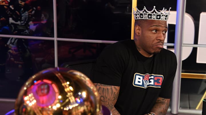 Apr 12, 2018; Los Angeles , CA, USA; Rashad McCants reacts during the BIG3 League draft at at the Fox Sports Studio.. Mandatory Credit: Kirby Lee-Imagn Images