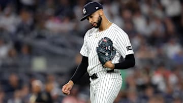 Apr 25, 2025; Bronx, New York, USA; New York Yankees relief pitcher Devin Williams (38) reacts after being taken out of the game. Mandatory Credit: Brad Penner-Imagn Images