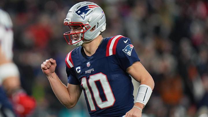 Jan 4, 2026; Foxborough, Massachusetts, USA; New England Patriots quarterback Drake Maye (10) reacts against the Miami Dolphins during the second half at Gillette Stadium.
