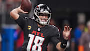Sep 22, 2024; Atlanta, Georgia, USA; Atlanta Falcons quarterback Kirk Cousins (18) passes the ball against the Kansas City Chiefs during the second half at Mercedes-Benz Stadium. Mandatory Credit: Dale Zanine-Imagn Images
