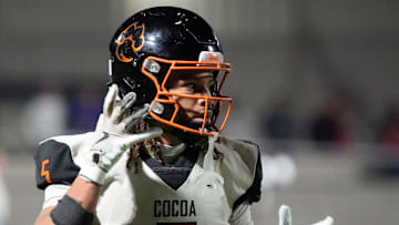 Cocoa High wide receiver Jayvan Boggs (#5). Cocoa High School defeated Cardinal Mooney Catholic High School 31-21 to win the Class 2A semi-final game Friday night in Sarasota.