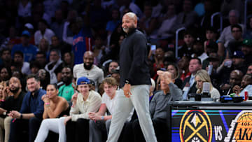 Mar 19, 2025; Miami, Florida, USA; Detroit Pistons head coach J.B. Bickerstaff looks on from the sideline against the Miami Heat during the fourth quarter at Kaseya Center. Mandatory Credit: Sam Navarro-Imagn Images
