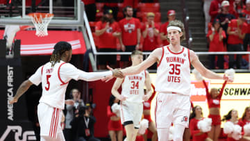 Feb 29, 2024; Salt Lake City, Utah, USA; Utah Utes center Branden Carlson (35) and guard Deivon Smith (5) react to a play against the Stanford Cardinal during the first half at Jon M. Huntsman Center. Mandatory Credit: Rob Gray-USA TODAY Sports