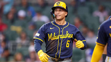 Aug 4, 2025; Atlanta, Georgia, USA; Milwaukee Brewers left fielder Isaac Collins (6) celebrates after a three-run home run against the Atlanta Braves in the fourth inning at Truist Park. Mandatory Credit: Brett Davis-Imagn Images