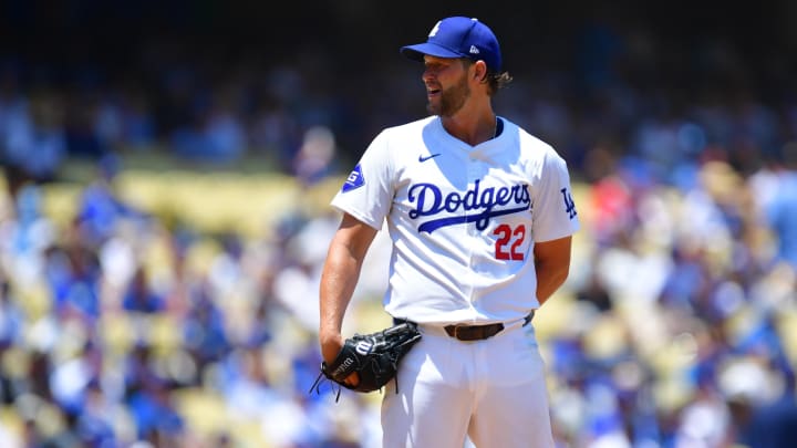 Jul 25, 2024; Los Angeles, California, USA; Los Angeles Dodgers starting pitcher Clayton Kershaw (22) before throwing against the San Francisco Giants during the first inning at Dodger Stadium. Mandatory Credit: Gary A. Vasquez-USA TODAY Sports