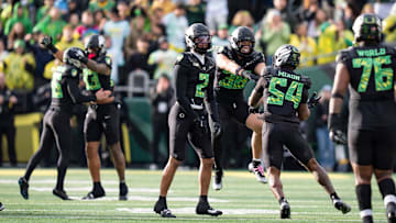 Oregon celebrates an onside kick recover as the Oregon Ducks host the Wisconsin Badgers on Oct. 25, 2025, at Autzen Stadium in Eugene, Oregon.