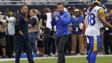 Sep 29, 2024; Chicago, Illinois, USA; Los Angeles Rams head coach Sean McVay on the field before the game against the Chicago Bears at Soldier Field. Mandatory Credit: David Banks-Imagn Images