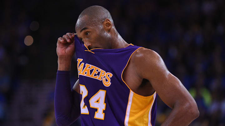 November 1, 2014; Oakland, CA, USA; Los Angeles Lakers guard Kobe Bryant (24) reacts during the fourth quarter against the Golden State Warriors at Oracle Arena. The Warriors defeated the Lakers 127-104. Mandatory Credit: Kyle Terada-Imagn Images