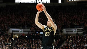 Purdue Boilermakers forward Camden Heide (23) shoots the ball Friday, Jan. 31, 2025, during the NCAA men’s basketball game against the Indiana Hoosiers at Mackey Arena in West Lafayette, Ind. Purdue Boilermakers won 81-76.