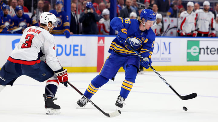 Apr 11, 2024; Buffalo, New York, USA;  Washington Capitals defenseman Nick Jensen (3) defends as Buffalo Sabres defenseman Rasmus Dahlin (26) looks to control the puck during the second period at KeyBank Center. Mandatory Credit: Timothy T. Ludwig-USA TODAY Sports