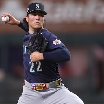 American League pitcher Bryan Woo throws against the National League in the 2025 MLB All-Star Game on July 15 at Truist Park.