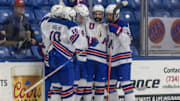 Feb 7, 2024; Plymouth, MI, USA; USA s Cole Eiserman (34) celebrates his goal against Finland with teammates during the second period of the 2024 U18 s Five Nations Tournament at USA Hockey Arena. Mandatory Credit: David Reginek-Imagn Images
