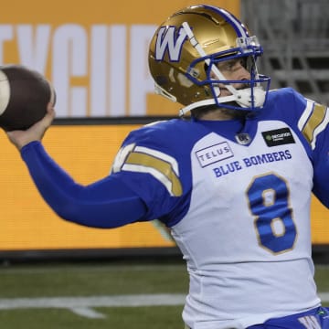 Nov 19, 2023; Hamilton, Ontario, CAN; Winnipeg Blue Bombers quarterback Zach Collaros (8) throws a pass during warm up before the Grey Cup game against the Montreal Alouettes at Tim Hortons Field. Mandatory Credit: John E. Sokolowski-USA TODAY Sports