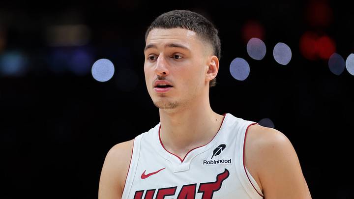 Oct 28, 2025; Miami, Florida, USA; Miami Heat forward Nikola Jovic (5) looks on against the Charlotte Hornets during the fourth quarter at Kaseya Center. Mandatory Credit: Sam Navarro-Imagn Images