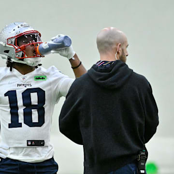 May 9, 2025; Foxborough, MA, USA; New England Patriots wide receiver Kyle Williams (18) gets a break during rookie camp at Gillette Stadium. Mandatory Credit: Eric Canha-Imagn Images
