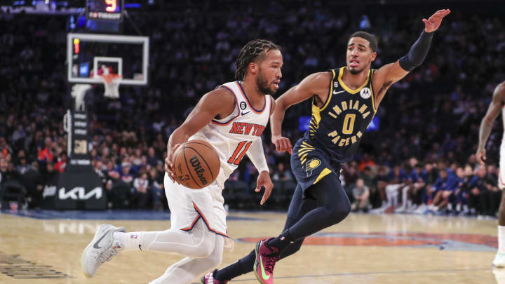 Oct 7, 2022; New York, New York, USA; New York Knicks guard Jalen Brunson (11) drives past Indiana Pacers guard Tyrese Haliburton (0) in the third quarter at Madison Square Garden. Mandatory Credit: Wendell Cruz-USA TODAY Sports