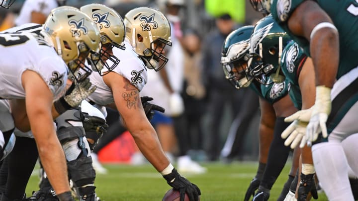 Jan 1, 2023; Philadelphia, Pennsylvania, USA; New Orleans Saints center Erik McCoy (78) waits to snap the football against the Philadelphia Eagles at Lincoln Financial Field. Mandatory Credit: Eric Hartline-USA TODAY Sports