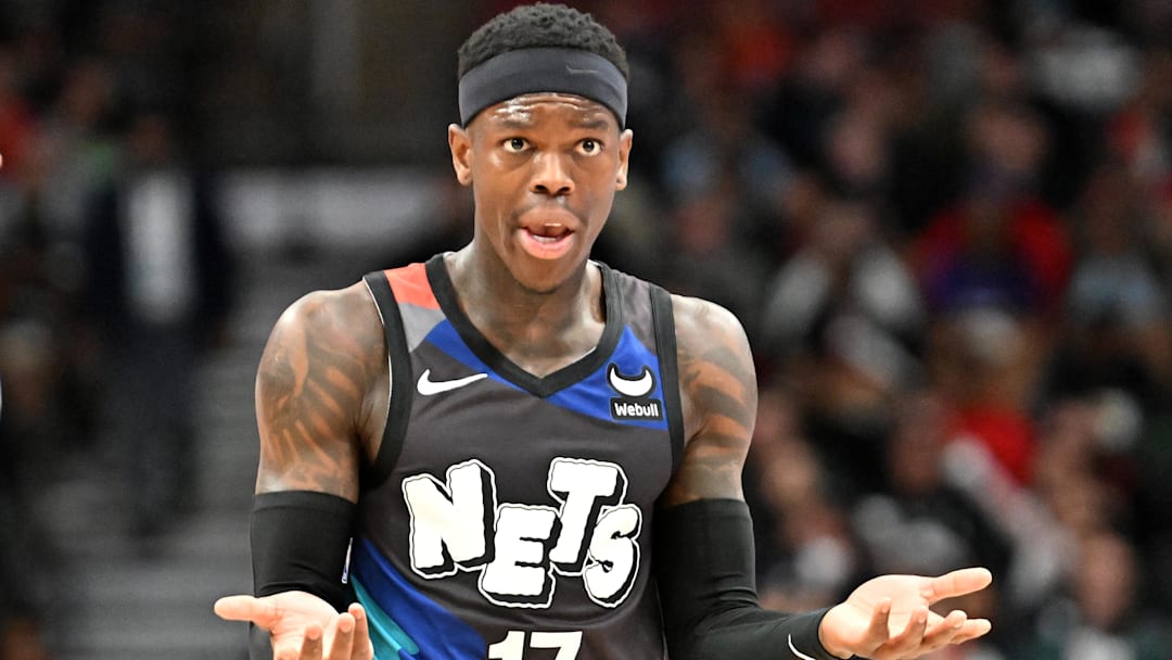 Mar 25, 2024; Toronto, Ontario, CAN;  Brooklyn Nets guard Dennis Schroder (17) reacts to a foul call in the second half against the Toronto Raptors at Scotiabank Arena. Mandatory Credit: Dan Hamilton-Imagn Images