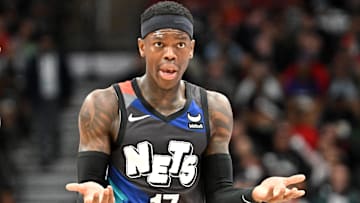 Mar 25, 2024; Toronto, Ontario, CAN;  Brooklyn Nets guard Dennis Schroder (17) reacts to a foul call in the second half against the Toronto Raptors at Scotiabank Arena. Mandatory Credit: Dan Hamilton-Imagn Images