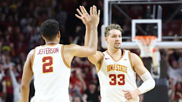 Iowa State forward Brandton Chatfield celebrates with teammate Joshua Jefferson during their win over Kansas.