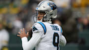 Nov 2, 2025; Green Bay, Wisconsin, USA; Carolina Panthers quarterback Bryce Young (9) warms up before a game against the Green Bay Packers at Lambeau Field. 