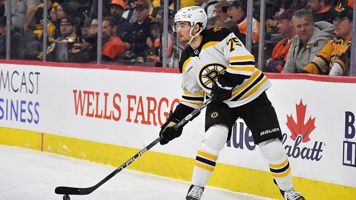 Apr 9, 2023; Philadelphia, Pennsylvania, USA; Boston Bruins defenseman Connor Clifton (75) against the Philadelphia Flyers at Wells Fargo Center. Mandatory Credit: Eric Hartline-USA TODAY Sports