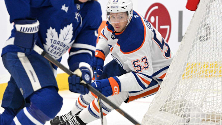 Nov 16, 2024; Toronto, Ontario, CAN;  Edmonton Oilers forward Jeff Skinner (53) pursues the puck against the Toronto Maple Leafs in the first period at Scotiabank Arena. Mandatory Credit: Dan Hamilton-Imagn Images