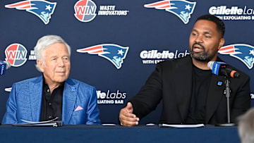 Jan 17, 2024; Foxborough, MA, USA; New England Patriots head coach Jerod Mayo (R) addresses media