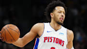 Jan 7, 2024; Denver, Colorado, USA; Detroit Pistons guard Cade Cunningham (2) controls the ball during the first quarter against the Denver Nuggets at Ball Arena. Mandatory Credit: Ron Chenoy-Imagn Images