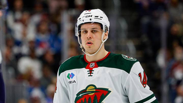 Feb 26, 2026; Denver, Colorado, USA; Minnesota Wild center Joel Eriksson Ek (14) in the first period against the Colorado Avalanche at Ball Arena. Mandatory Credit: Isaiah J. Downing-Imagn Images