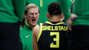 Jan 12, 2025; University Park, Pennsylvania, USA; Oregon Ducks head coach Dana Altman reacts in the team huddle during the second half against the Penn State Nittany Lions at Bryce Jordan Center. Oregon defeated Penn State 82-81. Mandatory Credit: Matthew O'Haren-Imagn Images