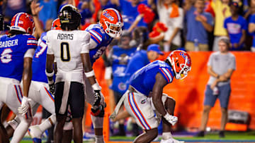 Florida Gators running back Montrell Johnson Jr. (1) celebrates his touchdown during the first half at Ben Hill Griffin Stadium in Gainesville, FL on Saturday, October 5, 2024. [Doug Engle/Gainesville Sun]
