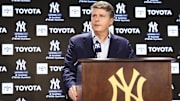 Dec 21, 2022; Bronx, New York, USA; Hal Steinbrenner during a press conference at Yankee Stadium. Mandatory Credit: Jessica Alcheh-Imagn Images