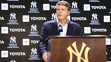 Dec 21, 2022; Bronx, New York, USA; Hal Steinbrenner during a press conference at Yankee Stadium. Mandatory Credit: Jessica Alcheh-Imagn Images