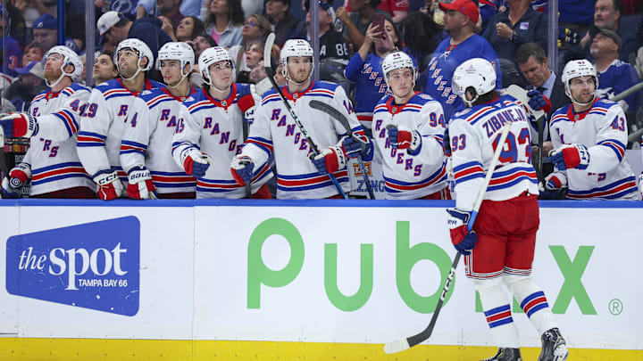 Apr 15, 2026; Tampa, Florida, USA; New York Rangers center Mika Zibanejad (93) reacts after scoring a goal against the Tampa Bay Lightning in the second period at Benchmark International Arena. 