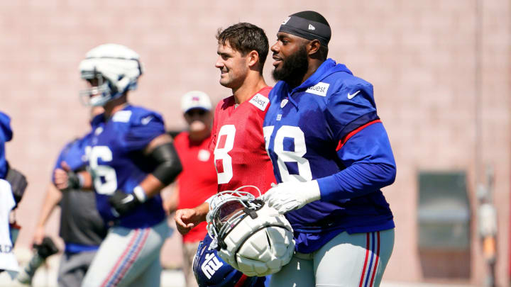 New York Giants quarterback Daniel Jones (8) and offensive tackle Andrew Thomas (78) during training camp in East Rutherford on Sunday, July 30, 2023.