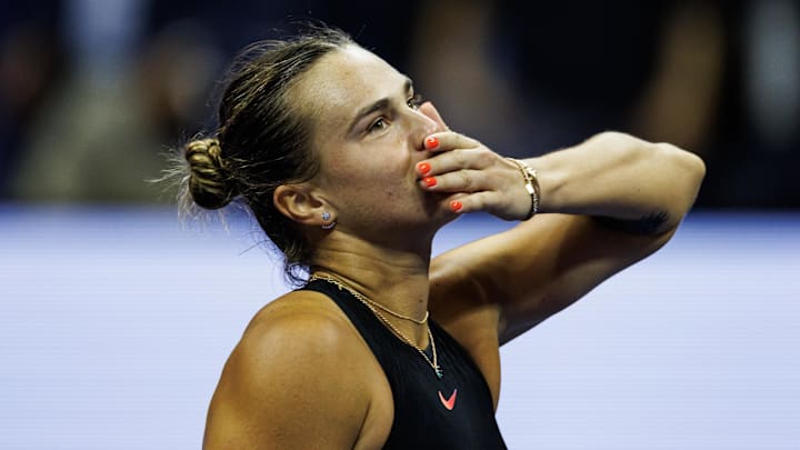 Sep 3, 2024; Flushing, NY, USA;  Aryna Sabalenka of Russia plays against Qinwen Zheng of China on day nine of the U.S. Open tennis tournament at the USTA Billie Jean King National Tennis Center. 