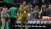 Boston Celtics former player Paul Pierce walks onto the court before game two of the 2024 NBA Finals between the Boston Celtics and the Dallas Mavericks at TD Garden. 