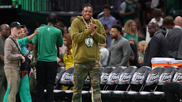 Boston Celtics former player Paul Pierce walks onto the court before game two of the 2024 NBA Finals between the Boston Celtics and the Dallas Mavericks at TD Garden. 