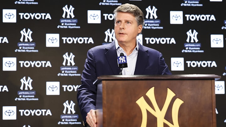 Dec 21, 2022; Bronx, New York, USA; Hal Steinbrenner during a press conference at Yankee Stadium. Mandatory Credit: Jessica Alcheh-Imagn Images
