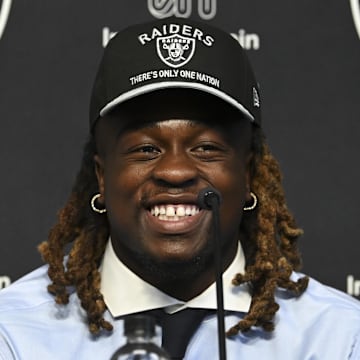 Las Vegas Raiders running back Ashton Jeanty speaks to media after being drafted.