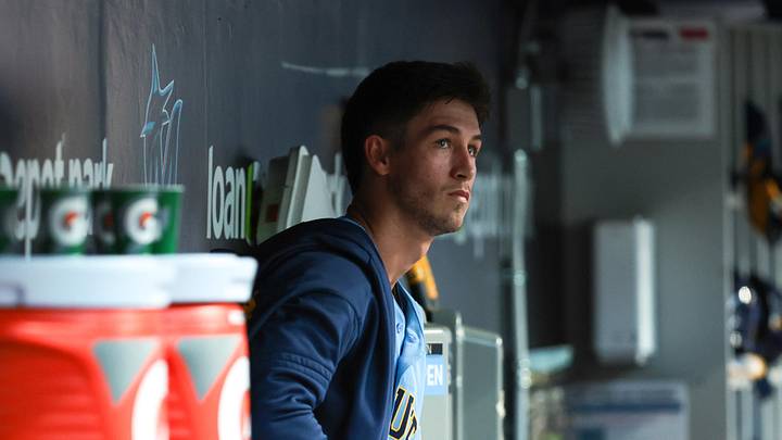 Apr 17, 2026; Miami, Florida, USA; Milwaukee Brewers starting pitcher Coleman Crow (57) looks on from inside the dugout against the Miami Marlins during the second inning at loanDepot Park. Mandatory Credit: Sam Navarro-Imagn Images