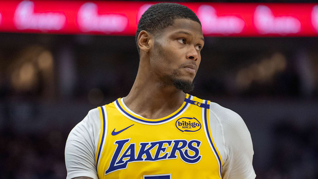 Former Los Angeles Lakers forward Cam Reddish (5) enters the court after a timeout in the second quarter against the Minnesota Timberwolves at Target Center.