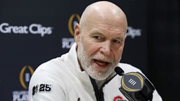 Jan 18, 2025; Atlanta, GA, USA; Ohio State Buckeyes defensive coordinator Jim Knowles talks to the media during 2025 CFP National Championship Media Day at Georgia World Congress Center, Building A. Mandatory Credit: Brett Davis-Imagn Images