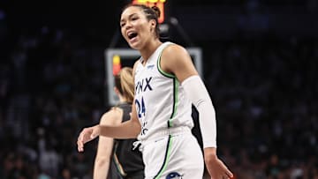 Oct 20, 2024; Brooklyn, New York, USA; Minnesota Lynx forward Napheesa Collier (24) argues with an official after being called for traveling in the second quarter against the New York Liberty during game five of the 2024 WNBA Finals at Barclays Center. Mandatory Credit: Wendell Cruz-Imagn Images