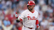 Philadelphia Phillies outfielder Kyle Schwarber gives a thumb's up sign after hitting a three-run home run. He has 11 on the season, which leads the National League.